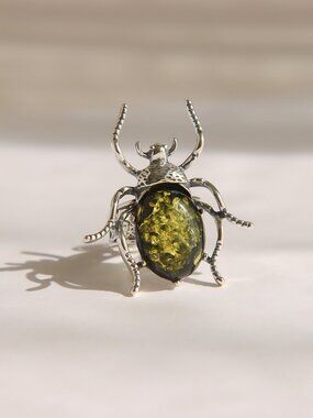 Baltic Green Amber Beetle Ring in Sterling Silver